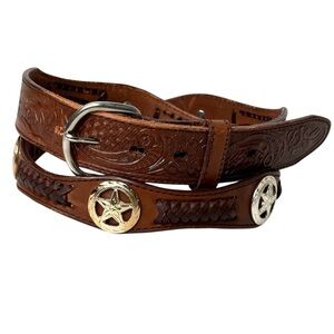 Texas Star Conchos Cowhide Engraved Full Leather Cowboy Belt 42 Removable Buckle